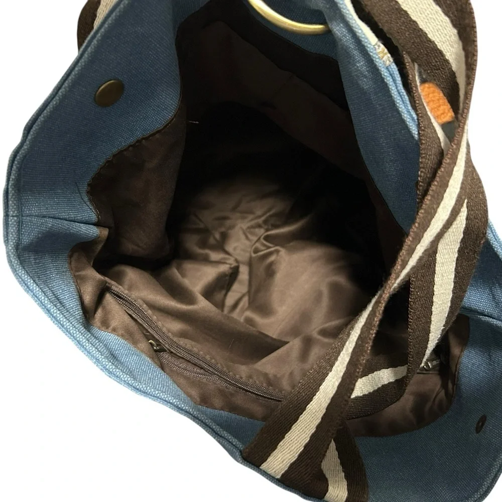 Goodhan Boho Embroidered Canvas Backpack – Convertible Shoulder Bag – Blue/Grey